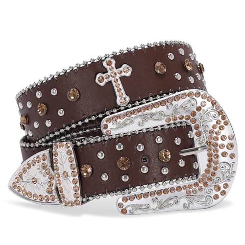 Women Men Rhinestone Belt,Fashion Western Cowgirl Cowboy Bling Studded Cross Leather Belt Diamond Belt for Jeans Dress,Coffee,S,