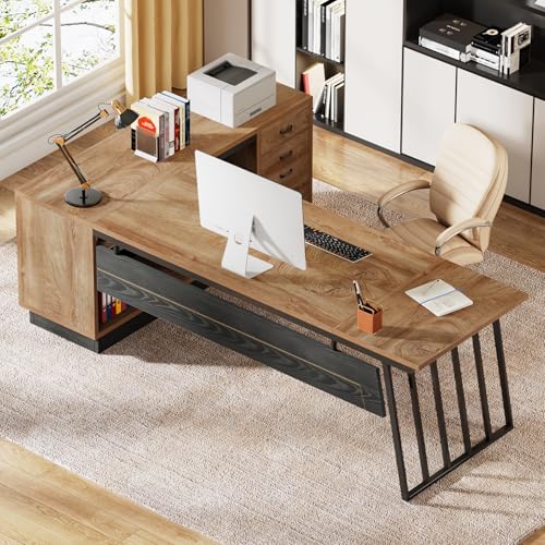 Tribesigns 71-Inch Executive Desk, L-Shaped Desk with Cabinet, Large Office Desk with Drawers and Storage Shelves, Writing Table Computer Desk for Home Office, Oak and Black by Tribesigns - Used condition - Image 4