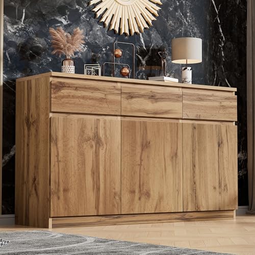HAINEW Cómoda moderna con 3 cajones y 3 puertas, armario buffet para cocina, comedor y salón, color madera