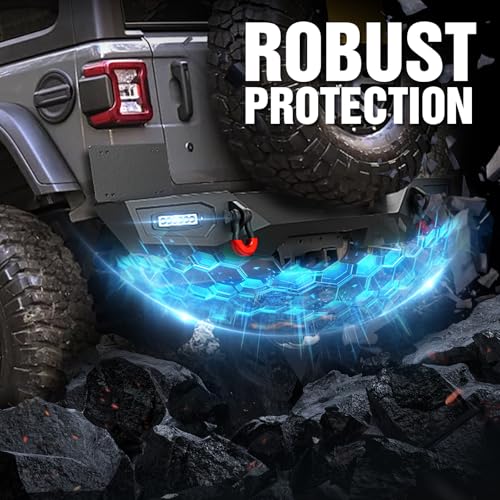 Image of for Wrangler JL Off-Road Rear Bumper Compatible with 2018 2019 2020 2021 2022 2023 2024 2025 2026 Jeep Wrangler JL JLU with License Plate Frame, 2 x 18W LED Lights, 2 inch Hitch Receiver & D-rings