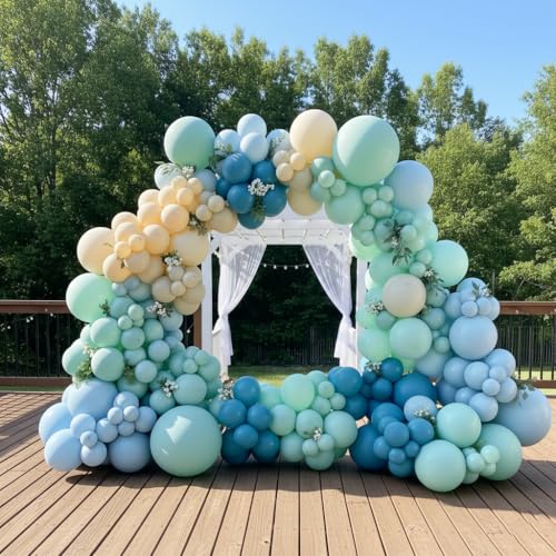 Image of 163Pcs Under The Sea Balloon Garland Arch Kit - Ocean Theme Party Decorations with Dusty Slate Blue Pastel Green Sand White Balloons for Baby Shower Birthday Under the Sea Party Decorations