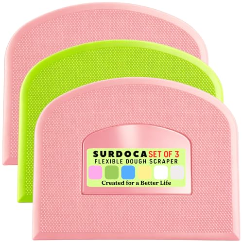 SURDOCA Dough Scraper Bench Scraper - 3P 4.7x3.7" Plastic Flexible Bowl Scraper, Sharp Edge & Angles Cake Scraper. Non-Slip Bakeware Decorating Tools Sculpting & Modeling Tools - Pink+Green+Pink