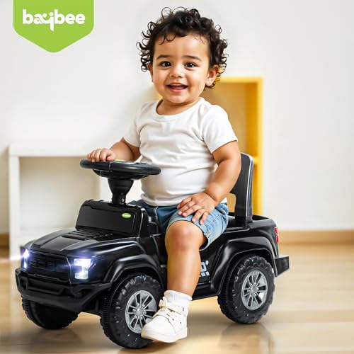 Image of Baybee Roady Ride on Car for Kids | Portable RideOn Toy Cars with Backrest & Basket | Baby Push Rideon Jeep with LED Light & Music & Storage Basket | Baby RideOn Car for Kids 1-3 Years (Black)