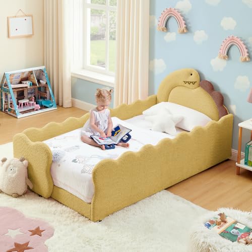 Image of Twin Size Kids Bed with Dinosaur Headboard, Upholstered Boucle Fabric Twin Daybed with Slats Support & Side Pocket, Space-Saving Wooden Corner Sofa Couch Day Bed Frame for Girl, Boy, Teenager(Yellow)