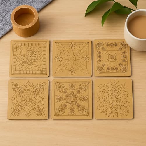 Image of DIY Wooden Coaster Set of 6 with Stand | Square | 4 inch per piece | Paintable MDF Coasters for Art & Craft, Home Decor, and Gifting (DIY Cost 003)