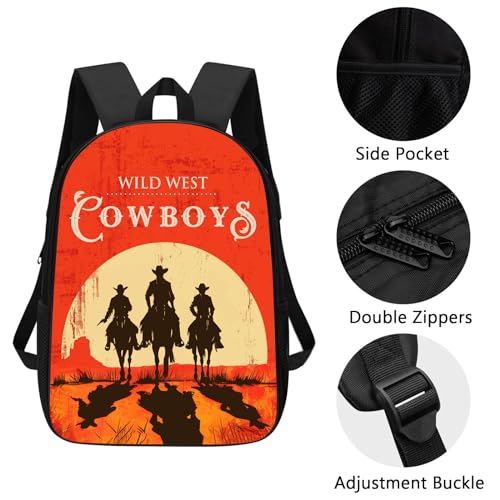 Cowboy Backpack Wild West Cool Cowboys Ride Horses School Backpack for Men Women Teens Kids, Westen Vintage Red Black Shoulders Backpack Outdoor Casual Travel Daypacks, 17 Inches3