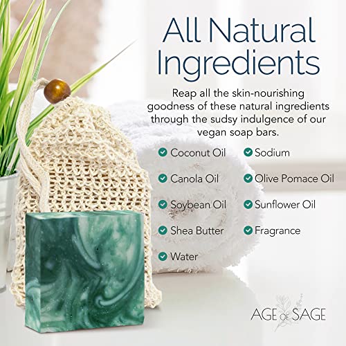 Age Of Sage Natural Soap Bar W/Sisal Bag, Vegan Artisan Soap Bar Set For Men, Body Soap In Bar Soap Pouch, Natural Bath Soaps W/Essential Oils, 4 Plain Body Soap Bars, Cucumber Melon #TOP4