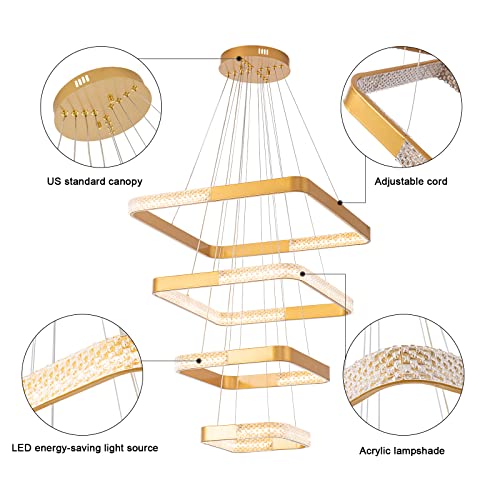 Dexulesa Modern Led Chandeliers Ceiling Light Fixture 4 Square Pendant Lights Acrylic Shade With Remote Control Adjustable Height Hanging Light For Kitchen Island Dining Room Bedrooms #TOP3
