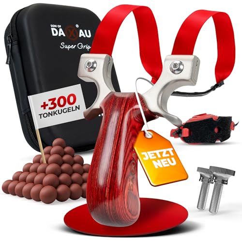 HITX® Steinschleuder Profi Set [Super Grip by Son of DaXau] | Ergonomische Zwille für Erwachsene | Gabel aus 304 Edelstahl | Slingshot Schleuder Set inklusive 300 Tonkugeln & 2 Gummibändern