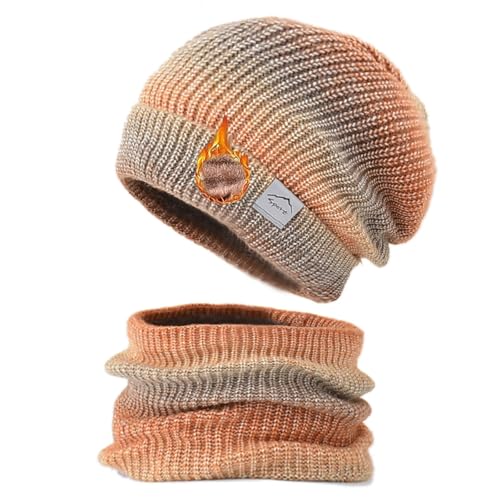 TUANMOZI Strickmütze mit Scarf Damen Wintermütze mit Farbverlauf Strickschal Set Warm Wintermütze und Schal mit Dicke Fleecefutter Herbst Winter Beanie Schal Set für Ski Outdoor (Orange Eine Größe)