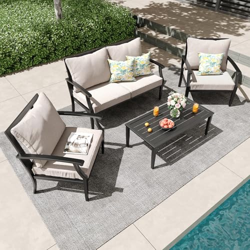 TerraRelax 4 Piece Outdoor Patio Furniture Set, Oversized Metal Conversation Set with High Back & Deep Seating, Water-Repellent Cushions, Coffee Table for Porch, Deck, Backyard, Beige