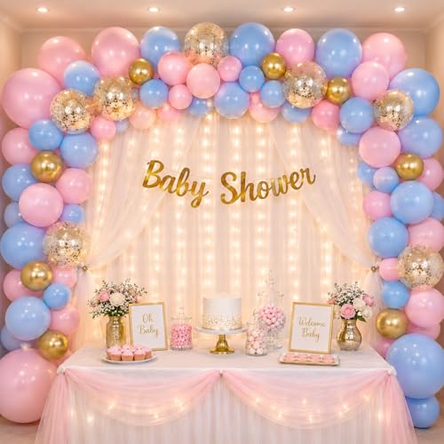 Image of Party Propz Baby Shower Decorations Kit - 48 Pcs Baby Shower Balloons Decoration Kit with Net Curtain, Fairy Lights & Banner, Mom To Be Decoration Items Set, Baby Decoration (Latex, Cardstock)