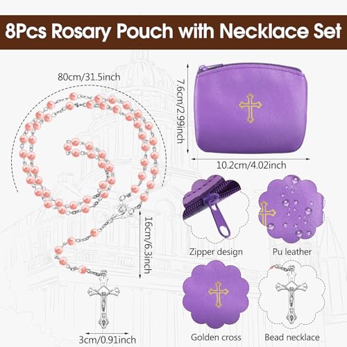 8 Pcs Rosary Pouch with Catholic Rosary Beads Y-Necklace Set for Women PU Leather Holder with Zipper and Gold Cross Imprint Case Portable Religious Bag for Travel2