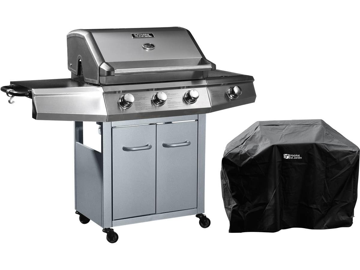 Barbecue Gaz Bingo 4" - 4 brûleurs Dont 1 latéral - 14kW + Housse Protection - Argenté