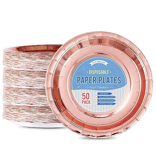 Image of Rose Gold Disposable Paper Plates, 7'' Dessert Cake Plates, 50 Count Bulk