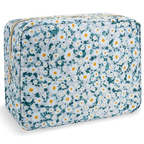 Nylon Large Floral Makeup Organizer Bag, Preppy Big Cute Flower Cosmetic Zipper Pouch Multi-compartment with Dividers, Waterproof Toiletry Makeup Brushes Bag Travel Essentials for Women(Green-Daisy)