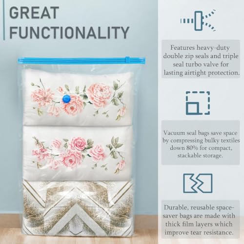 Image of Gismo Polyamide Polyethylene Vacuum Storage Bags (5 Pack) with Hand Pump | 1L /2M /2S Airtight Reusable Space Saver Compression Bags for Clothes, Blankets, Bedding & Travel | Zip Seal Luggage Organizer