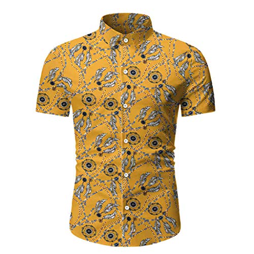 Preisvergleich Produktbild Gusspower_ Herren Freizeithemd Kurzarm Gelb Hawaiianischer Druck Modern Kurzarmshirt Männer Sommer Hemd Casual Regular Fit Oberteile BQ30