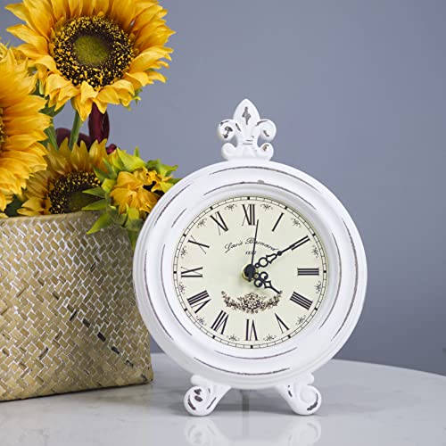Aoipend Vintage Farmhouse Table Clock Wooden Small White Antique Clock Battery Operated Rustic Farmhouse Decor Round Retro Standing Clock Crafts For Home, Living Room Fireplace Shelf Bedroom Gift #TOP3
