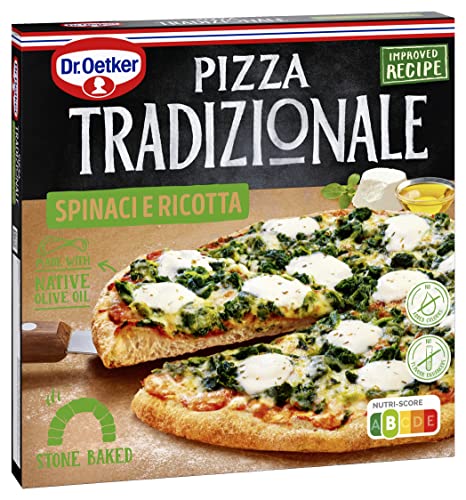 DR. OETKER Pizza Tradizionale Spinaci e Ricotta, Masa Artesanal Horneada Sobre Piedra Caliente, Crujiente por Fuera, Ligera y Jugosa por Dentro, Queso Ricotta y Hojas de Espinaca - 415 g