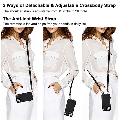 KIHUWEY Crossbody Wallet Case for iPhone 13 iPhone 14, Zipper Pocket Case with Card Holder, PU Leather RFID Blocking Protective Cover Case with Kickstand Detachable Wrist Strap Lanyard 6.1" (Black) by KIHUWEY - Image 2