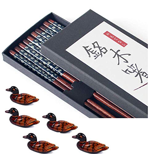 Chopsticks Reusable Dishwasher Safe Wooden Chopsticks Set - Japanese Chopsticks Premium Quality - Non Slip Natural Wood Chop Sticks - Cute Duck Chopstick Rest Holders (Wooden Blue x 5 + Holder x 5)