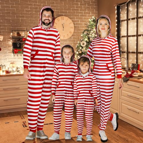 Couples Matching Christmas Pajamas Sets Striped Family Jumpsuit Hooded Long Sleeve2