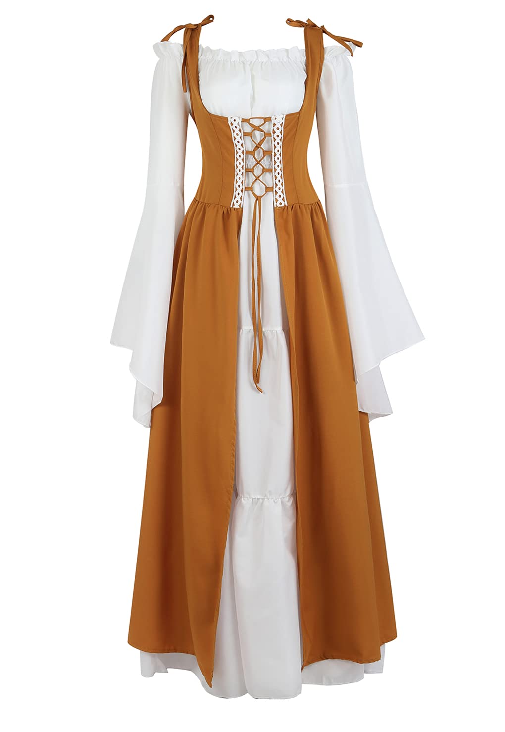 Womens Renaissance Dress Costume with Bell Sleeves and Lace Up Front