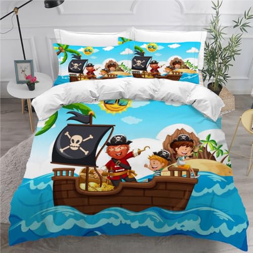 Housse de Couette 140x200 Enfant Navire Pirate Parure de Lit 1 Personne 3D Motif Océan De Dessin Animé Microfibre avec Fermeture Éclair avec Taie d'oreiller...