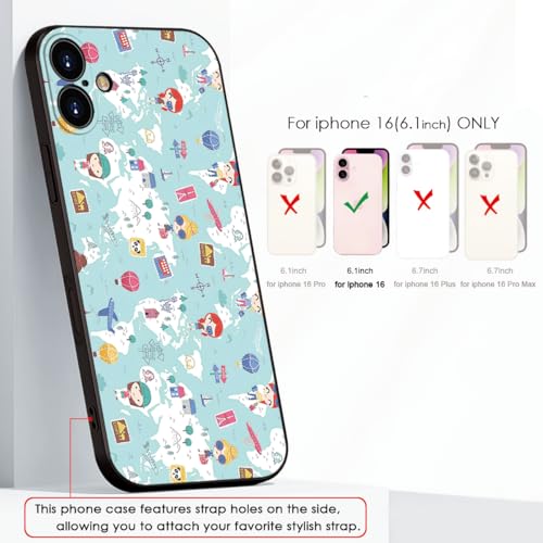 Cute Cartoon World Map Phone Case for iPhone 16 - Soft & Shockproof Travel Style for Girls & Women (B1-Cartoon Cute Girly)