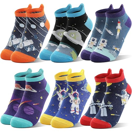 Welwoos Kids Boys Ankle Socks No Show Low Cut Funny Cute Cartoon Novelty Cotton Socks 6 Pairs Gifts Stocking Stuffers for Boys Kids(Space 5-8 Y)