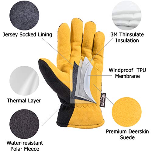 Skydeer Mens Winter Insulated Snow Work Gloves With Deerskin Suede Leather, Flexible & Durable & Warm & Windproof For Cold Weather Work, Driving, Cycling (Sd5167T/Xl, Warm 3M Thinsulate Insulation) #TOP1