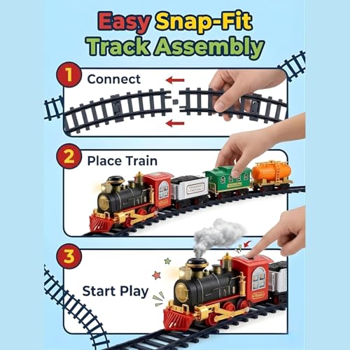Image of Crackles Light and Sound with Smoke Effect Big Size Classic Vintage Locomotive Engine Toty Train Track Sets, Battery Powered Play Set Toy for Kids, Gifts for Boys & Girls 3 4 5 6 7 8 Years Olds