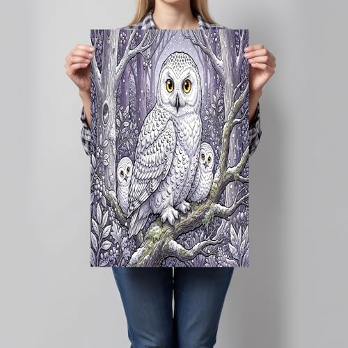 Tableau Chouette Harfang et son Petit, Decoration Murale Foret d'Hiver Poétique 80x120 cm