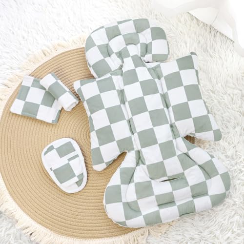 Image of DILIMI Infant Car Seat Insert, Baby Car Seat Head Support with 3 Strap Paddings, Soft Newborn Car Seat Cushion for Stroller, Swing, Bouncers, Green Checkered