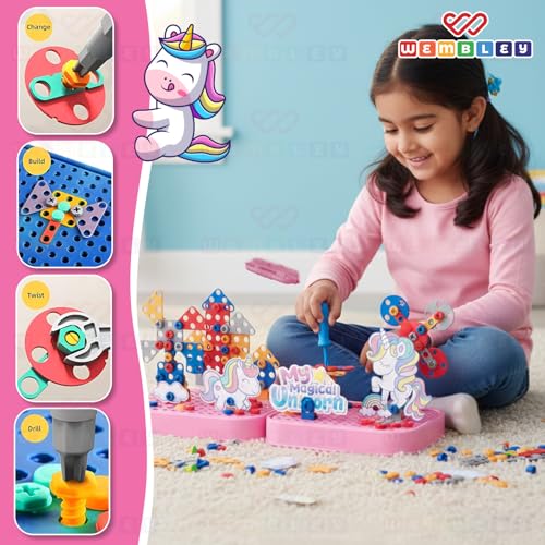 Image of Wembley Electric Drill Screw Puzzle Toy Set| 2-in-1 2D & 3D Unicorn Tool Set| 351 Pieces with Electric Screwdriver| STEM Learning DIY Building Block Kit| Ideal Gift for Kids of 2+