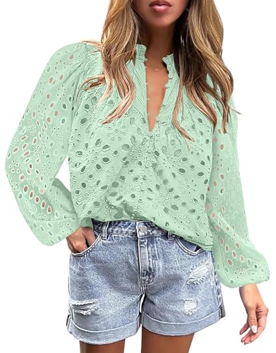 BETTE BOUTIK Women's Long Short Sleeve Tops 2025 Dressy Casual Button Hollow Out Lace Embroidered Blouses Shirts