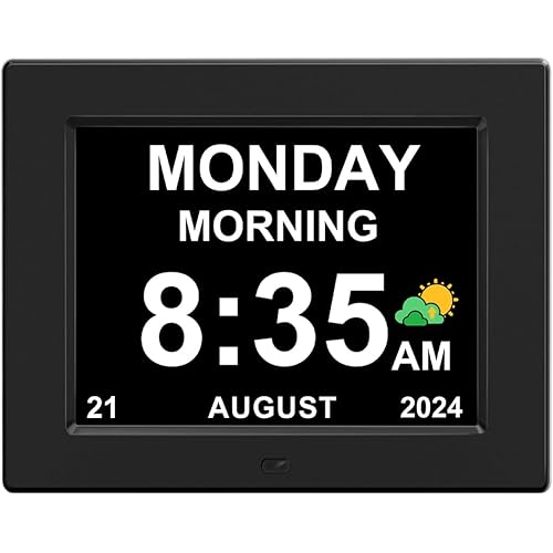 AINFTIME 8inch Large Clock with Day and Date for Elderly-3 Colors Display Digital Calendar Alarm Clock Dementia Alzheimers Clock with Extra Large Display (8in Black)
