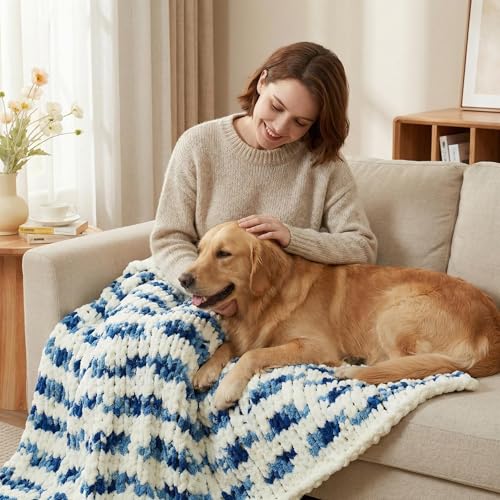 Amélie Home Chunky Knit Throw Blanket for Couch, Soft Chenille Handmade Crochet Throw Rope Knot Blanket for Couch, 50'x60', Space-Dyed Blue Striped