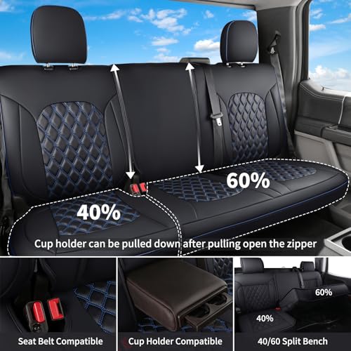 Image of Huidasource Custom Fit Ford F150 Rear Bench Split Leather Seat Covers Fit for 2015-2026 F150 SuperCrew & 2017-2026 F250 F350 F450 Super Duty Crew Cab Pickup King Ranch Platinum(Back Row /Black&Blue)