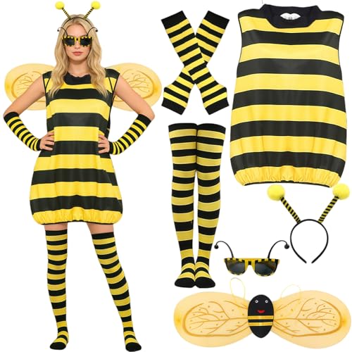 Maazusa Bienen Kostüm Damen 6 Stück Bienenkostüm Bienen Erwachsene Outfits Set mit Gestreifte Strümpfe Headband, Fasching Kostüm for Halloween...