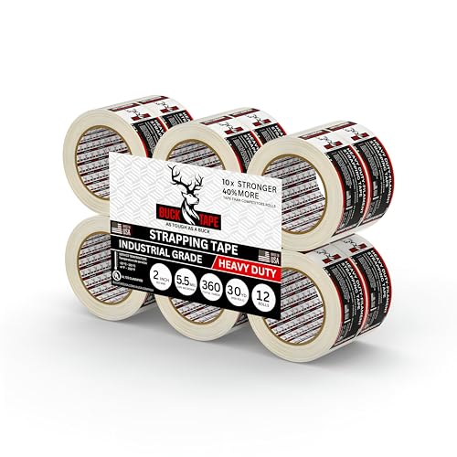 12 Pack Buck Strapping Tape 2 Inch x 30 Yds (90ft), 5.5 Mil – Heavy Duty Fiberglass Tape, Filament Tape, Reinforced Packing Tape with Synthetic PET Adhesive for Bundling, Shipping &amp; Palletizing