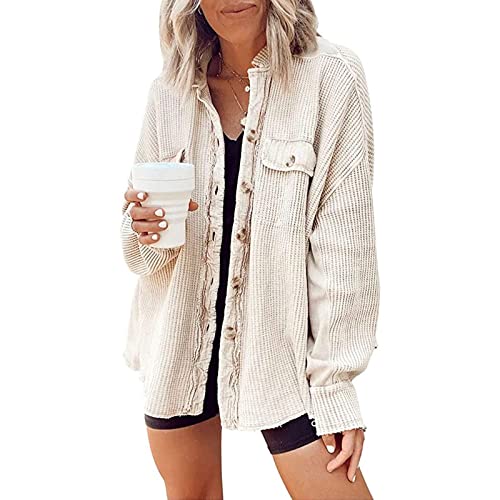 2022 Jackets For Women, Oversized Button Down Long Sleeve Shirts Waffle Knit Tops Fashion Blouses Dressy Business Casual Ladies Plus Size Loose Fit Corduroy Shacket With Pockets(A Beige,Xx-Large) #TOP1