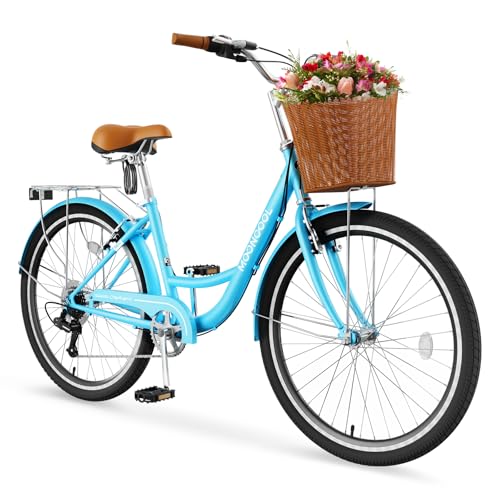 LILYPELLE Beach Cruiser Bike for Women, 24 26 inch Womens Bike with Ratten Basket & Rack, Comfort Cruiser Bicycle Step Through for City Commuter, Retro Bicycle for Seniors Ladies Adults