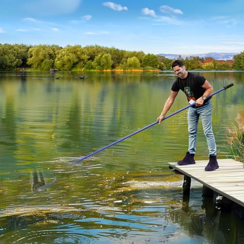 14ft Stainless Steel Lake Weed Roller, Beach Roller Lake Weed Remover, Rid Weeds Roots and Muck Buildup, 4 Aluminum Handles, 6 Preassembled Stainless Steel Blades, Super Easy Assembly, Blue.