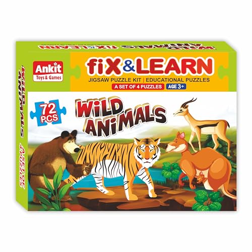 Image of Ankit Toys & Games Fix 'n' Learn Wild Animals Jigsaw Puzzle for Kids | Educational & Learning Toy for Kids Age 3 and Above | Boost Memory Skills | 72 Pieces Transport Puzzles (Set of 4 Puzzles in Box)