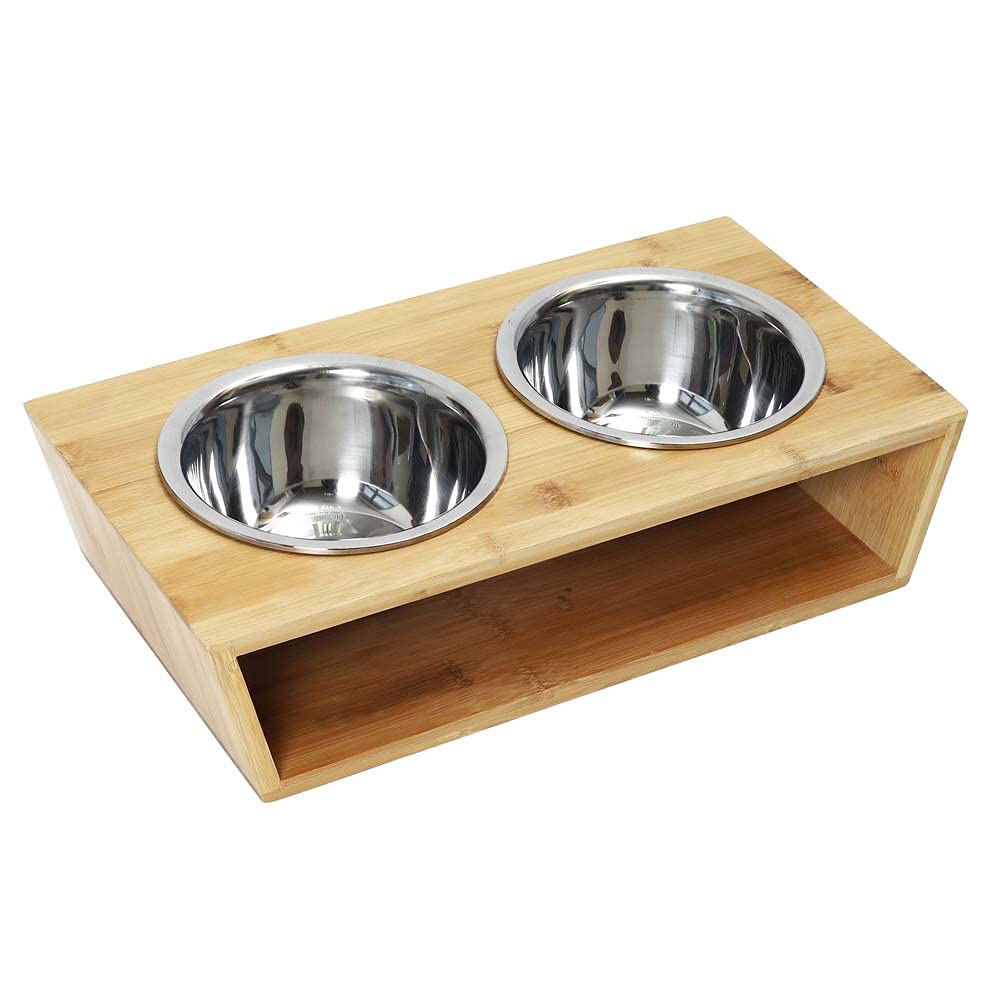 YAHOME Bamboo Wood Pet Feeder Bowl With Stand Feeder 2 Stainless Steel Bowls For Food Or Water Perfect For Dogs Cats And Pets of Any Size Great For Home or Office