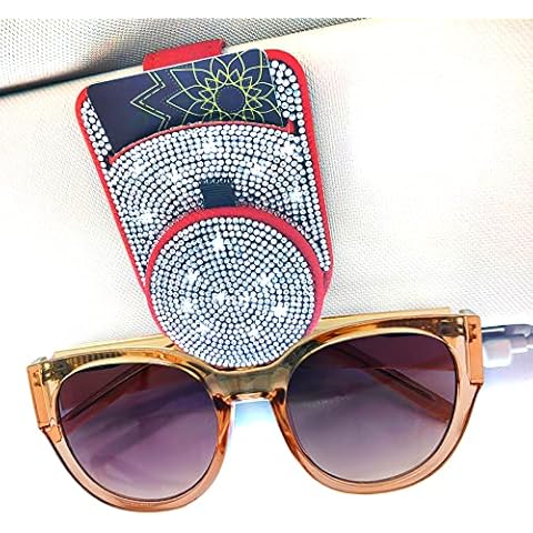 Motaney Sunglasses Holder for Car, Fashion Bling Car Accessories for Women, Leather Car Sunglass Holder Eyeglass Holder, Ticket Card Clip Car Visor Organizer Car Essentials Cover