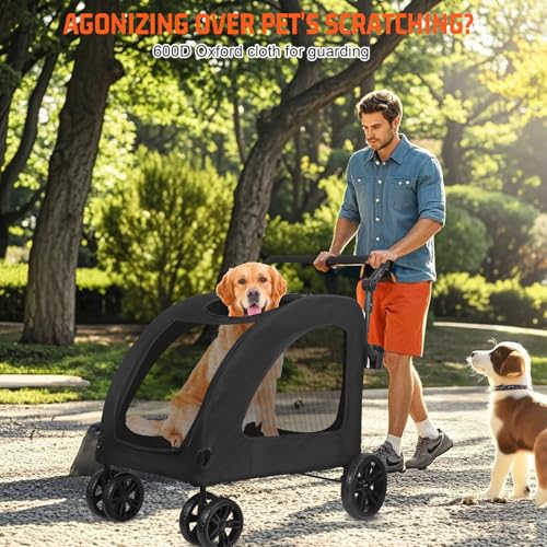 Vinteky Hundewagen Hundebuggy Hundebox, für mittelgroße bis große Hunde, Transporttasche Faltbar klappbar bis 30kg, Haustiere Buggy mit Netzfenstern Getränkehalter, Jogger Schwarz