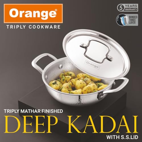 Image of Orange Triply Stainless Steel Hammered Deep Kadai with S.S Lid | Hammered Mathar Design | Heavy Bottom Cookware for Gas & Induction | Cool Touch Handles | 2.0 Ltr, 20cm |Made in India, 5-Year Warranty